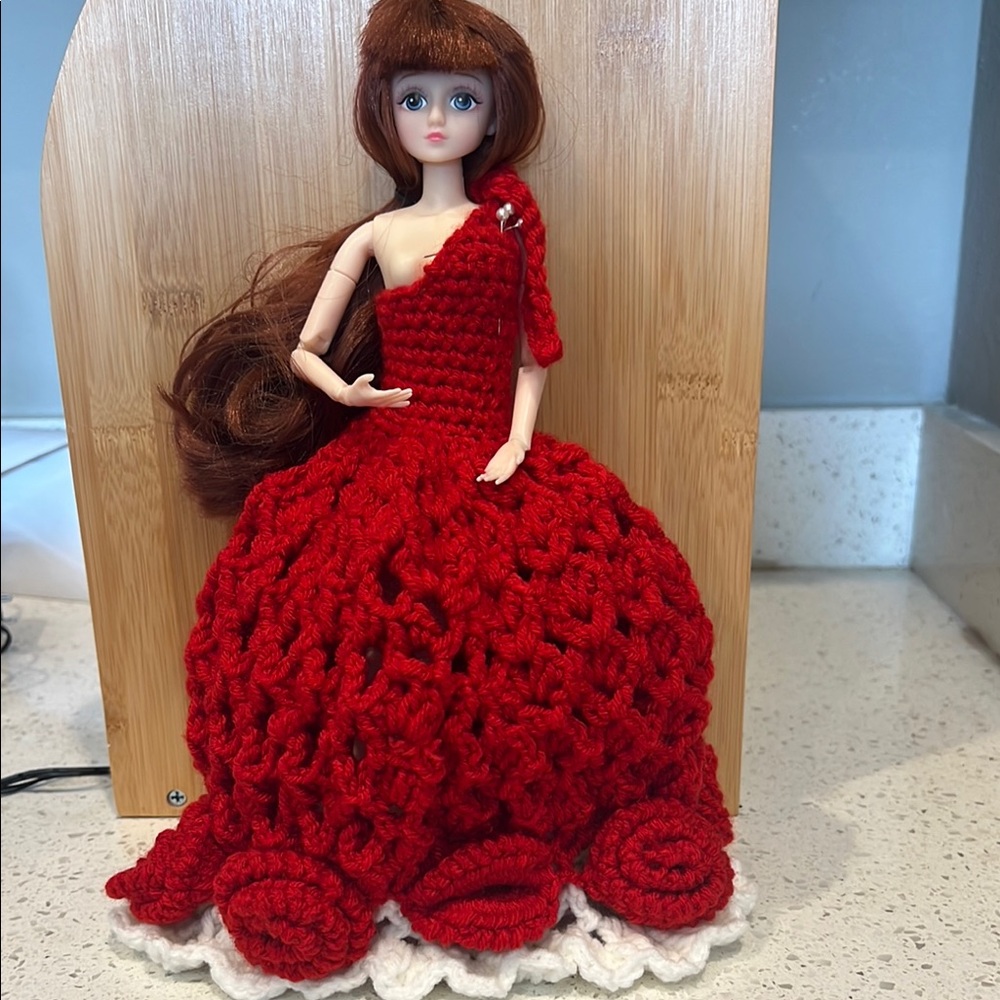 Handcrafted Doll with Red Crochet Dress